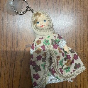 Floral Porcelain Doll Keychain with Headscarf - 3 inches tall